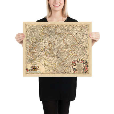 Old Map of Franconian Circle by Nicolaes Visscher II, 1690: Nuremberg, Ingolstadt, Würzburg, Zwickaw, Slavkov Forest