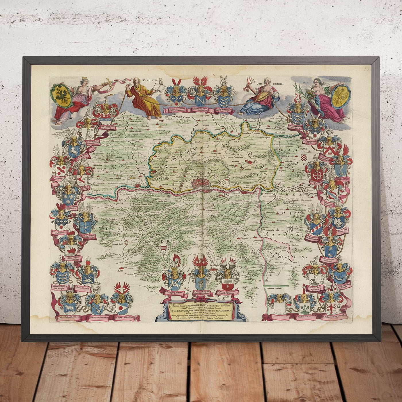 Mapa antiguo de Fráncfort y sus alrededores por Joan Blaeu, 1665: Offenbach am Main, Bad Homburg, Neu-Isenburg, Dreieich, Kelsterbach, Río Meno