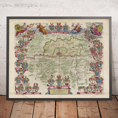 Mapa antiguo de Fráncfort y sus alrededores por Joan Blaeu, 1665: Offenbach am Main, Bad Homburg, Neu-Isenburg, Dreieich, Kelsterbach, Río Meno