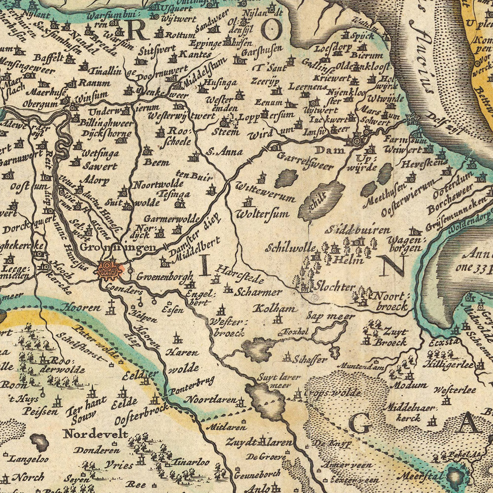 Mapa antiguo de Frisia y Groninga por Visscher, 1690: Oldenburg, Zwolle, Leeuwarden, Emmen, Kampen