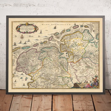 Ancienne carte de la Frise et de Groningue par Visscher, 1690 : Oldenburg, Zwolle, Leeuwarden, Emmen, Kampen