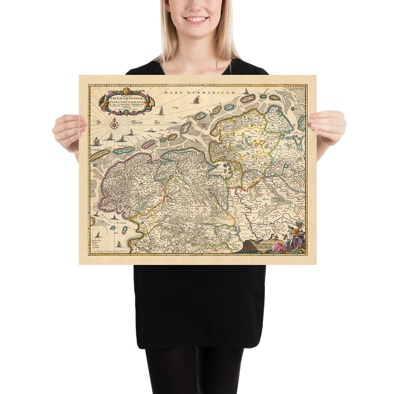Mapa antiguo de Frisia y Groninga por Visscher, 1690: Oldenburg, Zwolle, Leeuwarden, Emmen, Kampen