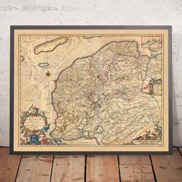 Mapa antiguo de Frisia por Visscher, 1690: Leeuwarden, Drachten, Heerenveen, Sneek, Parque Nacional De Alde Feanen