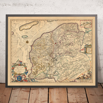 Mapa antiguo de Frisia por Visscher, 1690: Leeuwarden, Drachten, Heerenveen, Sneek, Parque Nacional De Alde Feanen