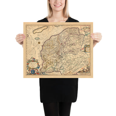 Mapa antiguo de Frisia por Visscher, 1690: Leeuwarden, Drachten, Heerenveen, Sneek, Parque Nacional De Alde Feanen