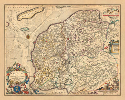 Mapa antiguo de Frisia por Visscher, 1690: Leeuwarden, Drachten, Heerenveen, Sneek, Parque Nacional De Alde Feanen