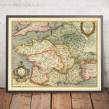 Antigua mapa de la Francia antigua (Galia, Gallia) en tiempos romanos por Ortelius, 1624: París, Lyon, Pirineos, Alpes, nombres en latín 