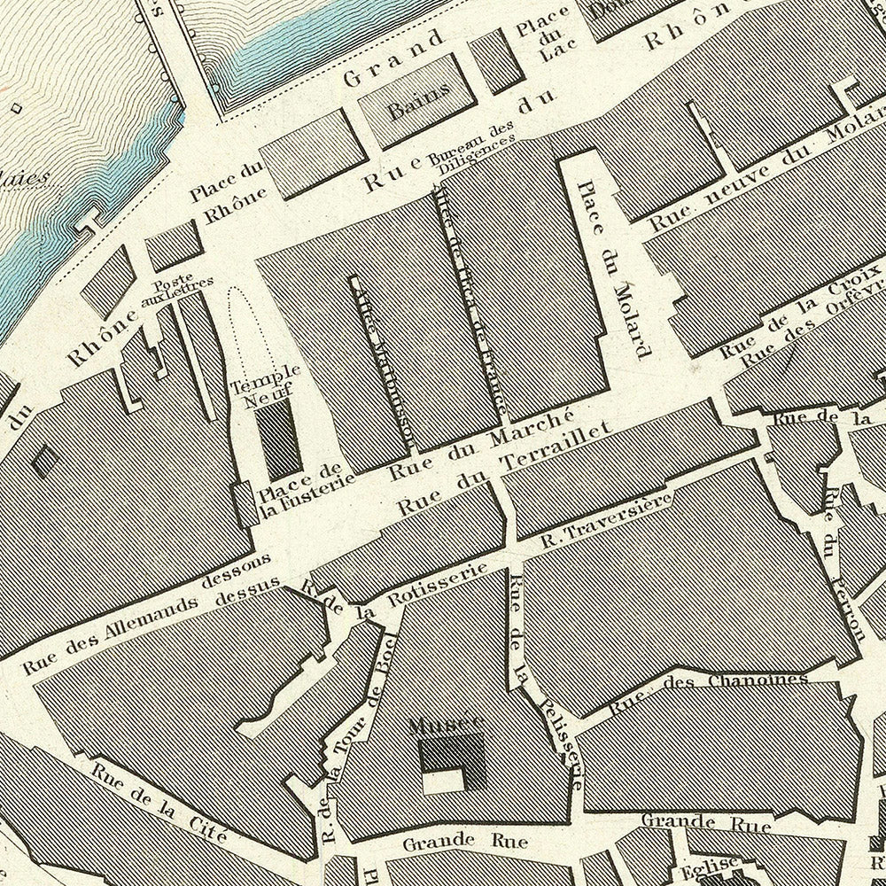 Alte Karte von Genf von SDUK, 1870: Genfersee, Rhonefluss, Botanischer Garten, massive Bastion Festungsanlagen 