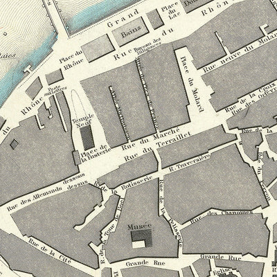 Alte Karte von Genf von SDUK, 1870: Genfersee, Rhonefluss, Botanischer Garten, massive Bastion Festungsanlagen 