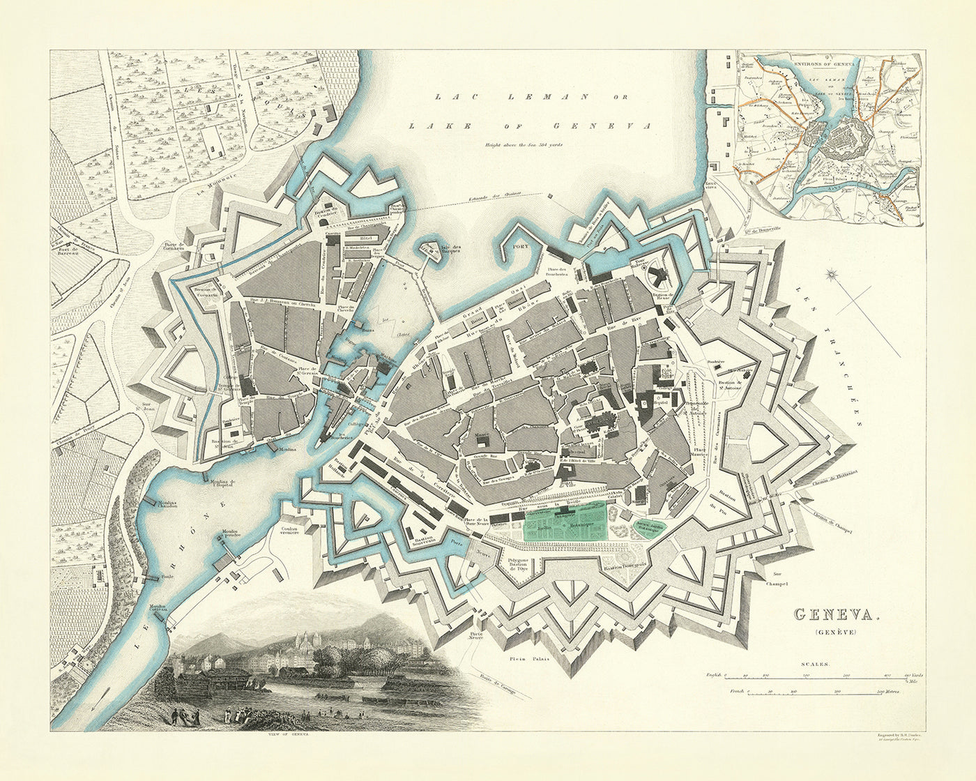 Alte Karte von Genf von SDUK, 1870: Genfersee, Rhonefluss, Botanischer Garten, massive Bastion Festungsanlagen 