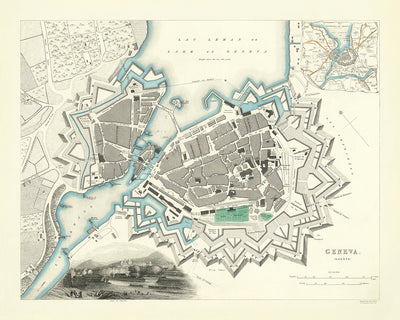 Alte Karte von Genf von SDUK, 1870: Genfersee, Rhonefluss, Botanischer Garten, massive Bastion Festungsanlagen 