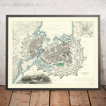 Antigua Mapa de Ginebra por SDUK, 1870: Lago de Ginebra, Río Ródano, Jardín Botánico, Masivas Fortificaciones del Fuerte Bastión 