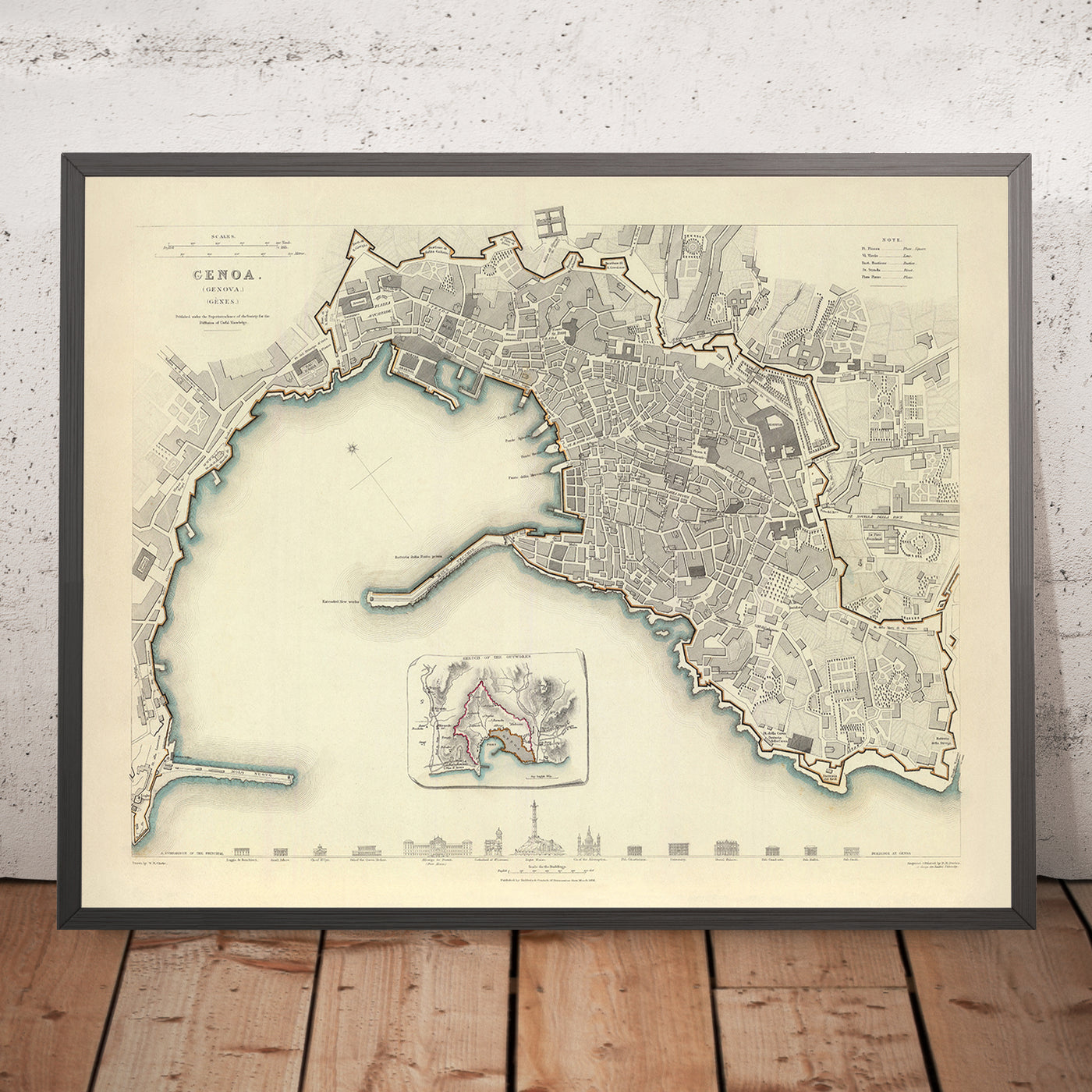 Old Map of Genoa by Clarke, 1836: Cathedral, Palazzo Ducale, Lighthouse, Carlo Felice Theatre, University