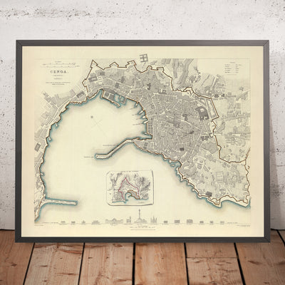 Old Map of Genoa by Clarke, 1836: Cathedral, Palazzo Ducale, Lighthouse, Carlo Felice Theatre, University