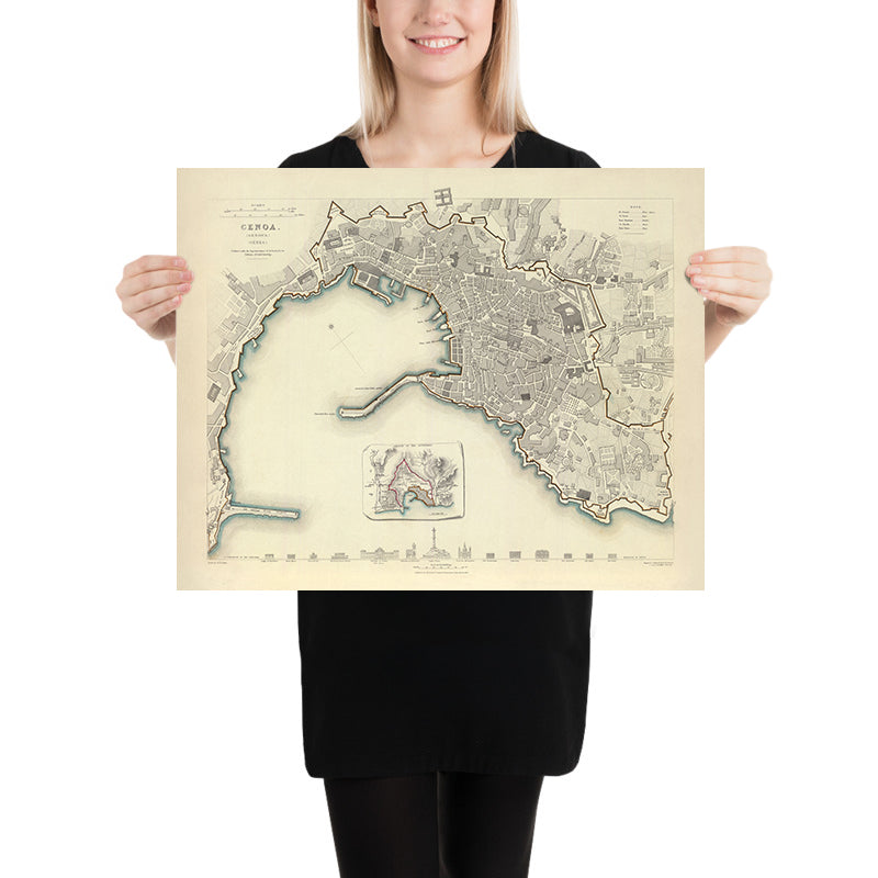 Old Map of Genoa by Clarke, 1836: Cathedral, Palazzo Ducale, Lighthouse, Carlo Felice Theatre, University