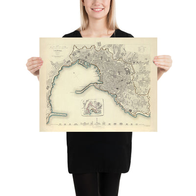 Old Map of Genoa by Clarke, 1836: Cathedral, Palazzo Ducale, Lighthouse, Carlo Felice Theatre, University