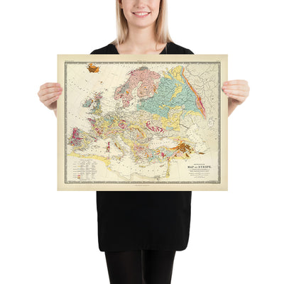 Ancienne carte géologique de l'Europe par AK Johnston, 1856 : carte géologique des montagnes, des roches et des strates