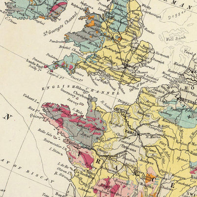 Antiguo mapa geológico de Europa por AK Johnston, 1856: Mapa geológico de montañas, rocas y estratos