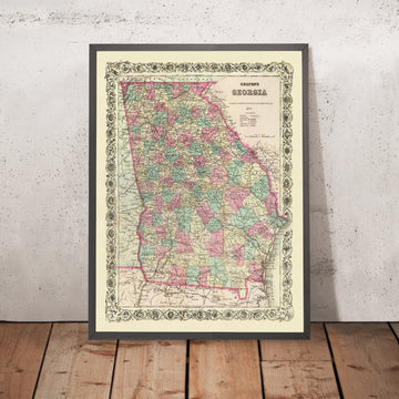 Mapa antiguo de Georgia por JH Colton, 1871: Savannah, Augusta, Columbus, Macon y Atenas