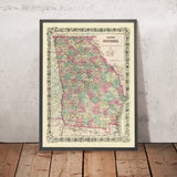 Alte Karte von Georgia von J.H. Colton, 1871: Savannah, Augusta, Columbus, Macon und Athen 