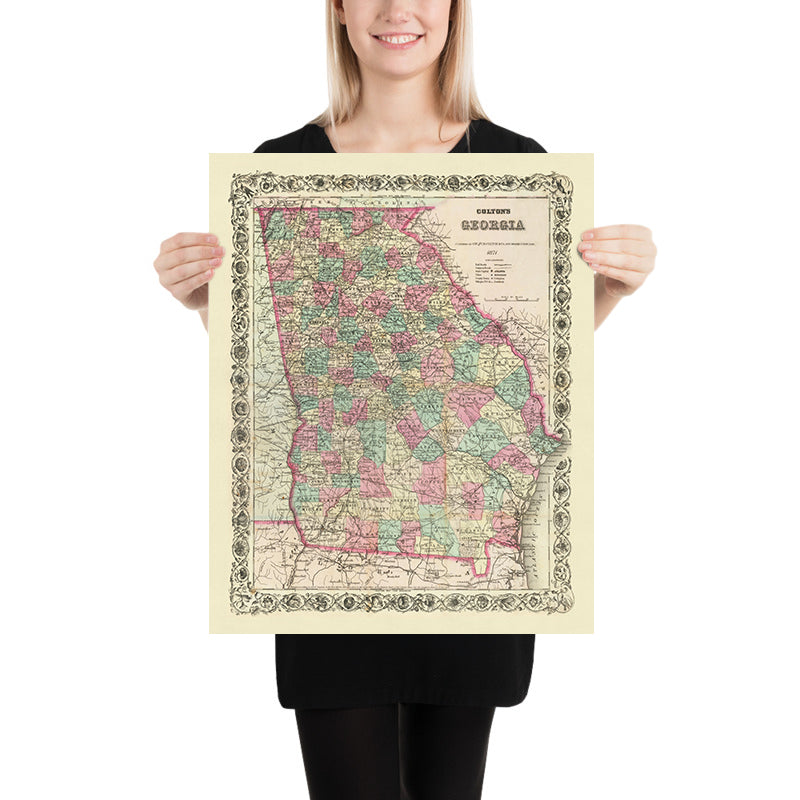 Alte Karte von Georgia von J.H. Colton, 1871: Savannah, Augusta, Columbus, Macon und Athen 