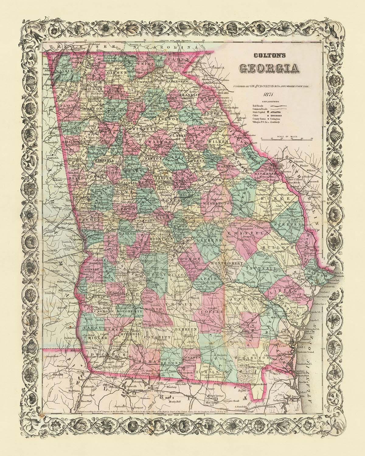 Alte Karte von Georgia von J.H. Colton, 1871: Savannah, Augusta, Columbus, Macon und Athen 