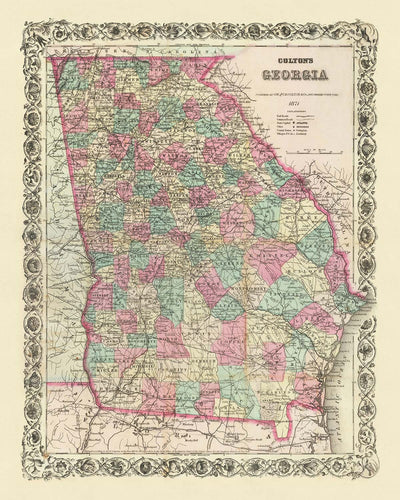 Alte Karte von Georgia von J.H. Colton, 1871: Savannah, Augusta, Columbus, Macon und Athen 