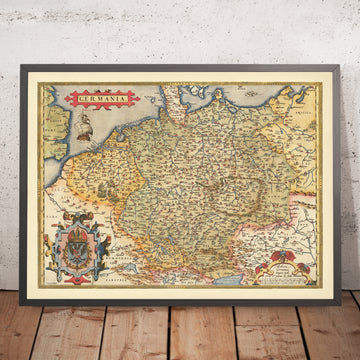 Antigua mapa de Alemania, el Sacro Imperio Romano por Ortelius, 1573: Germania, Polonia, Rin, Elba, Danubio, Alpes, Mar Báltico 