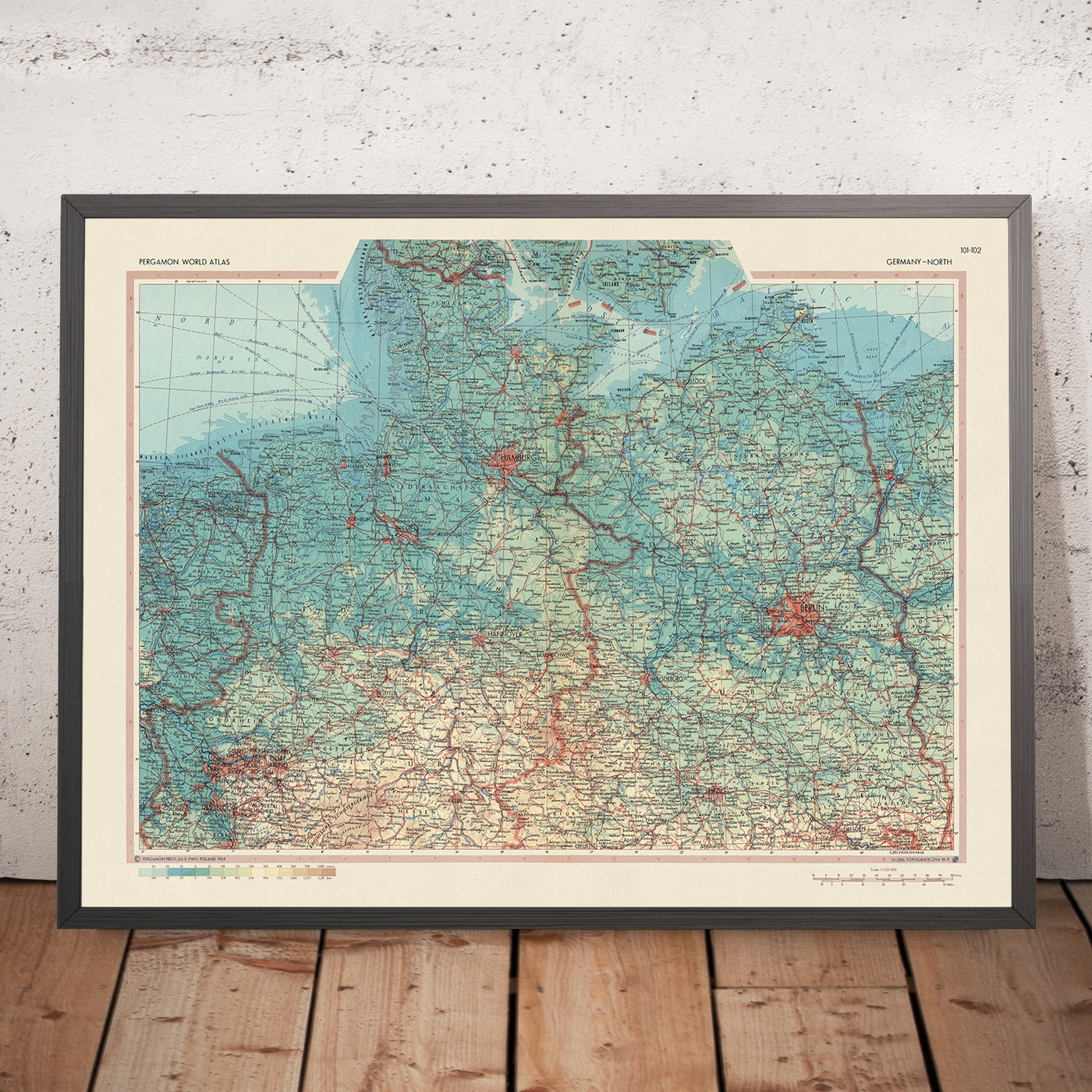 Mapa antiguo del norte de Alemania, 1967: Renania del Norte-Westfalia, Schleswig-Holstein, Bremen, Hamburgo, Baja Sajonia 
