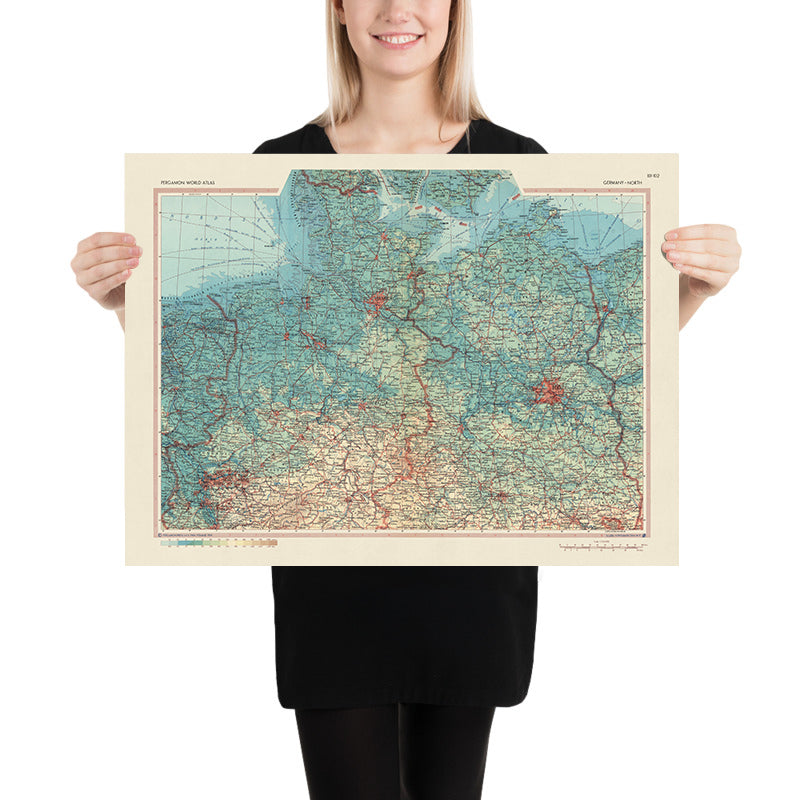 Mapa antiguo del norte de Alemania, 1967: Renania del Norte-Westfalia, Schleswig-Holstein, Bremen, Hamburgo, Baja Sajonia 
