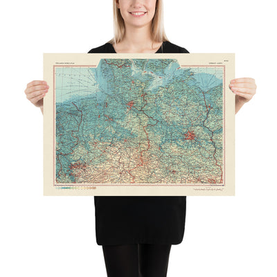 Mapa antiguo del norte de Alemania, 1967: Renania del Norte-Westfalia, Schleswig-Holstein, Bremen, Hamburgo, Baja Sajonia 