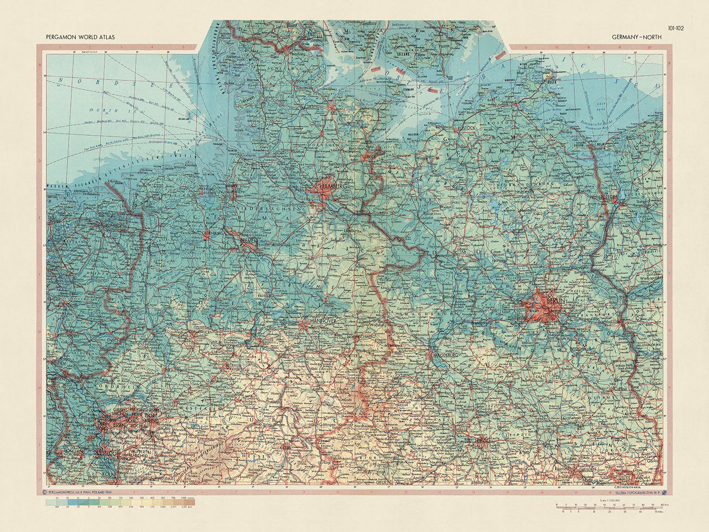 Mapa antiguo del norte de Alemania, 1967: Renania del Norte-Westfalia, Schleswig-Holstein, Bremen, Hamburgo, Baja Sajonia 