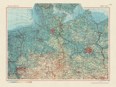 Mapa antiguo del norte de Alemania, 1967: Renania del Norte-Westfalia, Schleswig-Holstein, Bremen, Hamburgo, Baja Sajonia 