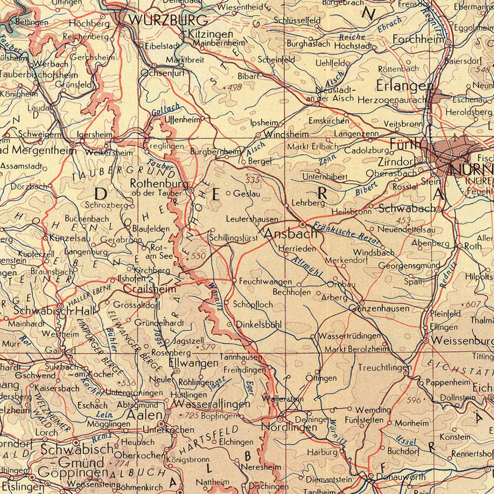 Old Map of Southern Germany, 1967: Rhineland-Palatinate, Baden-Württemberg, Thuringia, Hesse, Bavaria
