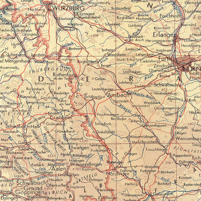 Old Map of Southern Germany, 1967: Rhineland-Palatinate, Baden-Württemberg, Thuringia, Hesse, Bavaria