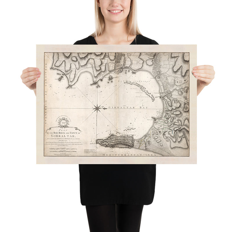 Mapa antiguo de Gibraltar de William Faden, 1775: Puerto de Gibraltar, Bahía Catalana, Punta Europa, Peñón de Gibraltar, Jardines de la Alameda