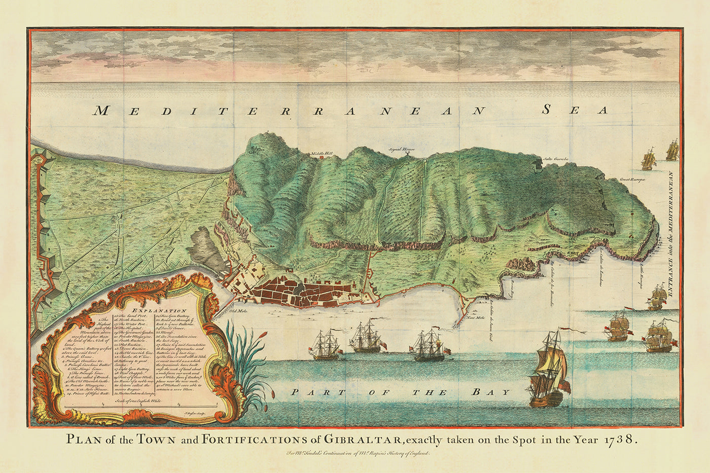 Alte Karte von Gibraltar von Paul de Rapin, 1745: Stadt Gibraltar, Bucht von Gibraltar, Straße von Gibraltar, Mittelmeer 