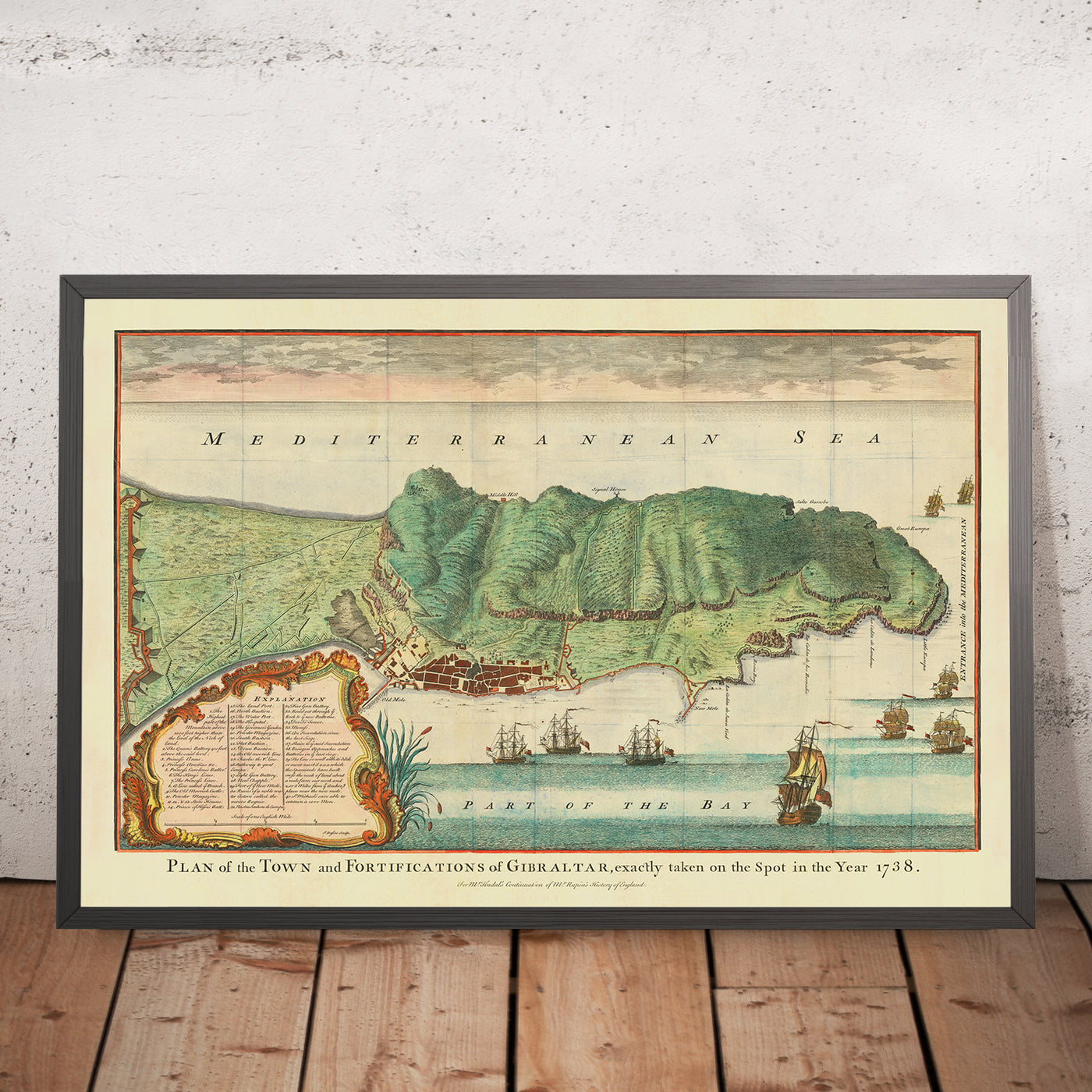 Alte Karte von Gibraltar von Paul de Rapin, 1745: Stadt Gibraltar, Bucht von Gibraltar, Straße von Gibraltar, Mittelmeer 