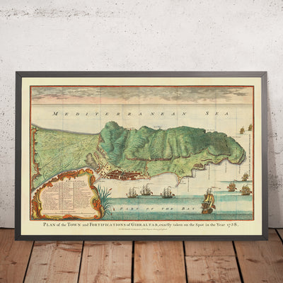 Alte Karte von Gibraltar von Paul de Rapin, 1745: Stadt Gibraltar, Bucht von Gibraltar, Straße von Gibraltar, Mittelmeer 