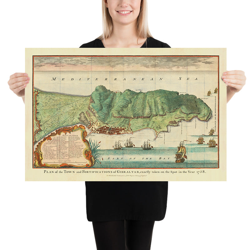 Alte Karte von Gibraltar von Paul de Rapin, 1745: Stadt Gibraltar, Bucht von Gibraltar, Straße von Gibraltar, Mittelmeer 