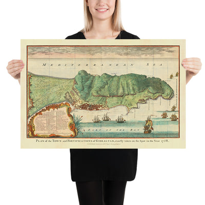 Alte Karte von Gibraltar von Paul de Rapin, 1745: Stadt Gibraltar, Bucht von Gibraltar, Straße von Gibraltar, Mittelmeer 