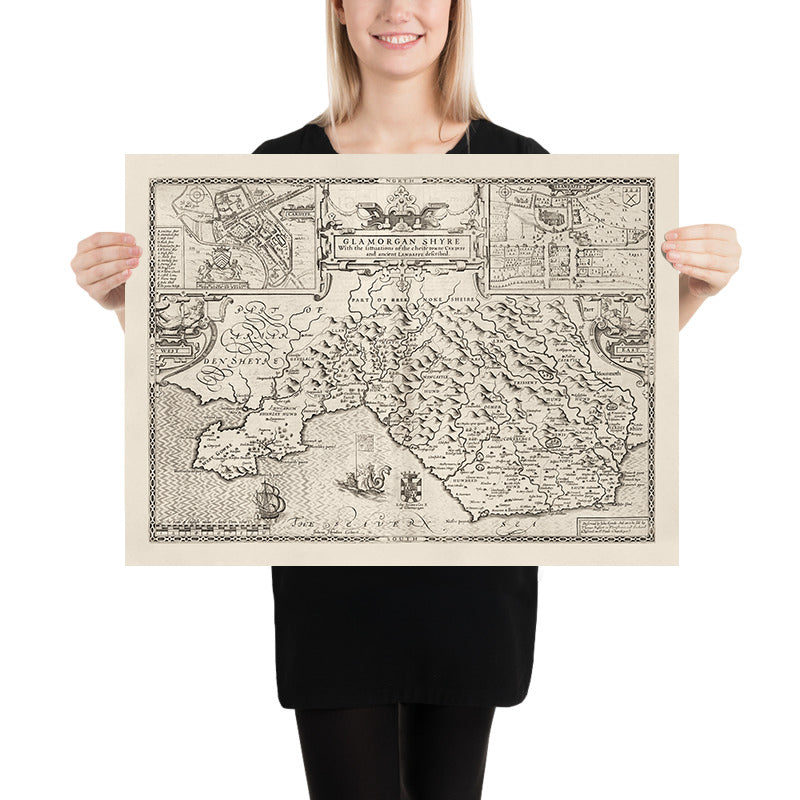 Antiguo mapa monocromo de Glamorgan, Gales, 1611 por John Speed - Cardiff, Swansea, Bridgend, Port Talbot, Barry