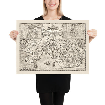 Antiguo mapa monocromo de Glamorgan, Gales, 1611 por John Speed - Cardiff, Swansea, Bridgend, Port Talbot, Barry