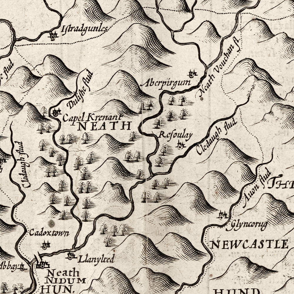 Antiguo mapa monocromo de Glamorgan, Gales, 1611 por John Speed - Cardiff, Swansea, Bridgend, Port Talbot, Barry
