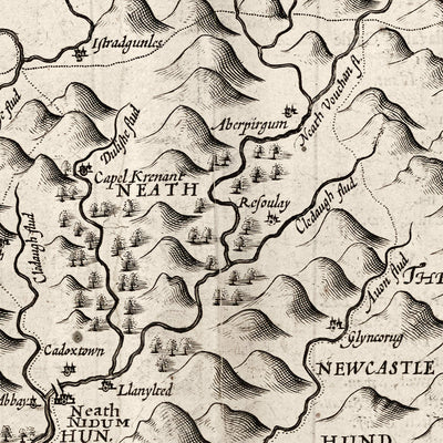 Antiguo mapa monocromo de Glamorgan, Gales, 1611 por John Speed - Cardiff, Swansea, Bridgend, Port Talbot, Barry