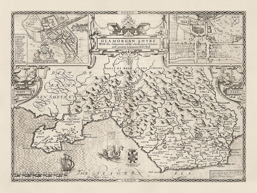 Old monochrome Carte of Glamorgan, Wales, 1611 par John Speed ​​- Cardiff, Swansea, Bridgend, Port Talbot, Barry