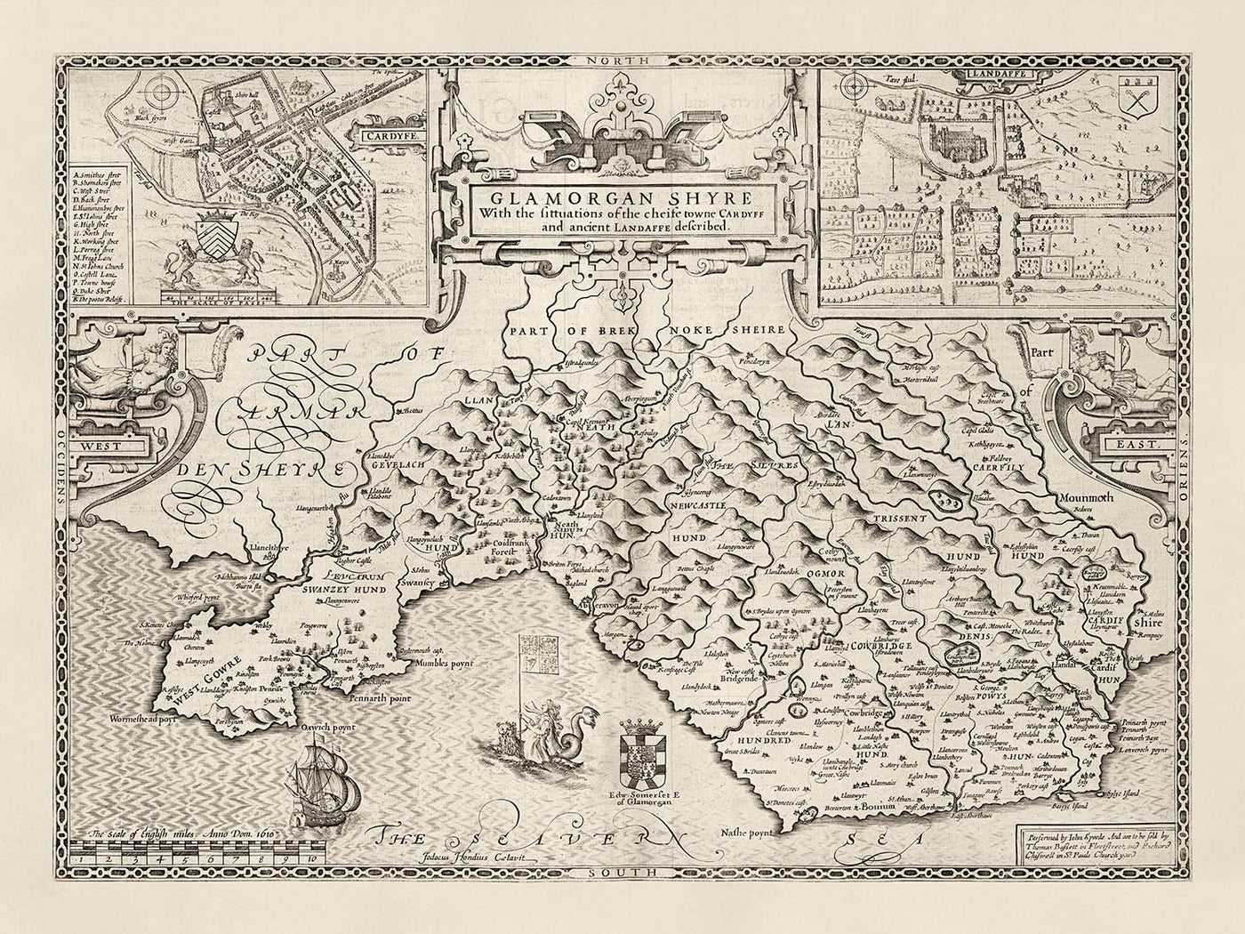 Antiguo mapa monocromo de Glamorgan, Gales, 1611 por John Speed - Cardiff, Swansea, Bridgend, Port Talbot, Barry
