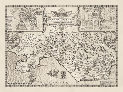 Antiguo mapa monocromo de Glamorgan, Gales, 1611 por John Speed - Cardiff, Swansea, Bridgend, Port Talbot, Barry