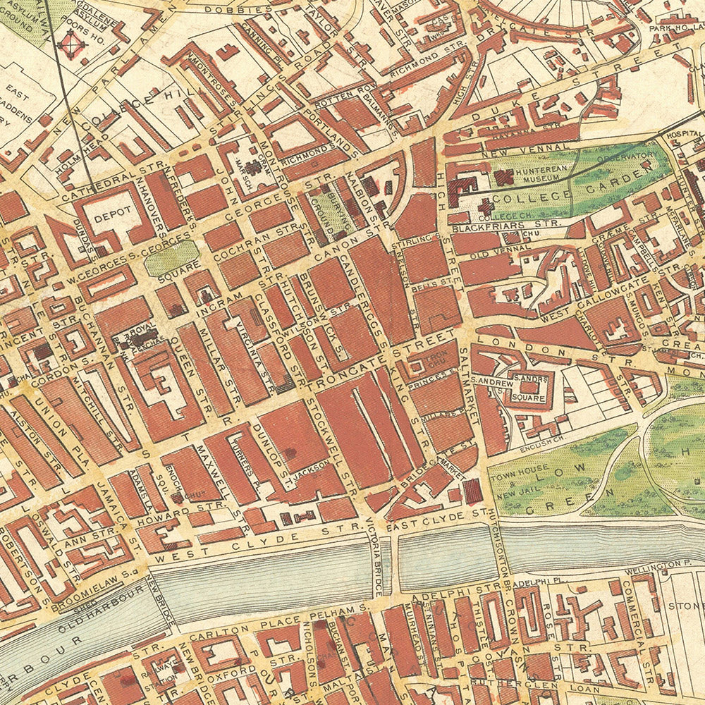Alte Karte von Glasgow, 1851: Royal Exchange, Universität, Nekropolis, Fluss Clyde, Glasgow Green 