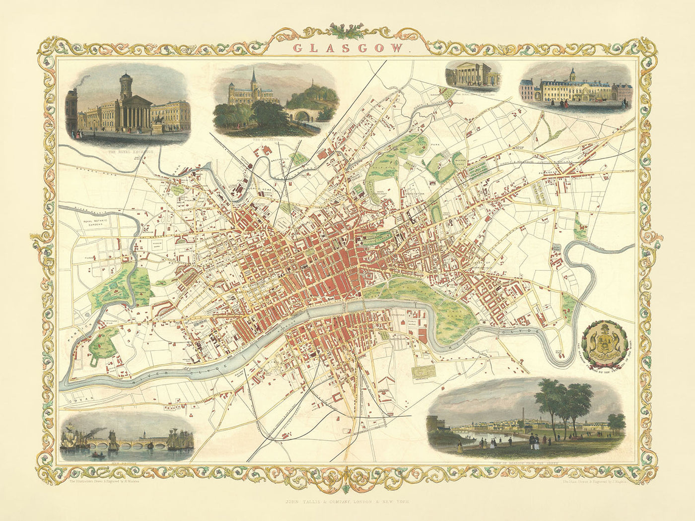 Alte Karte von Glasgow, 1851: Royal Exchange, Universität, Nekropolis, Fluss Clyde, Glasgow Green 